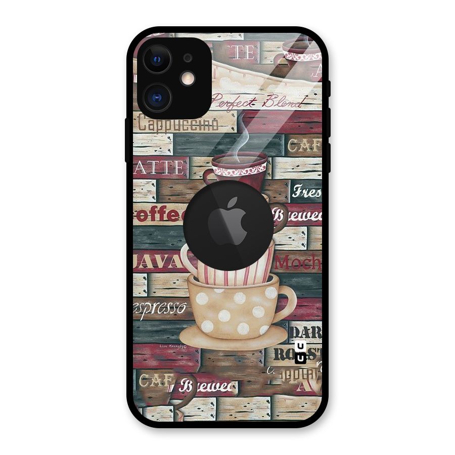 Cute Coffee Cups Glass Back Case for iPhone 11 Logo Cut