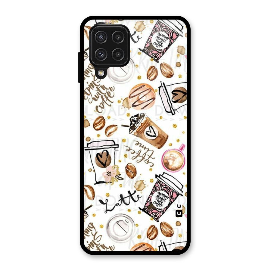 Cute Coffee Pattern Glass Back Case for Galaxy A22 4G