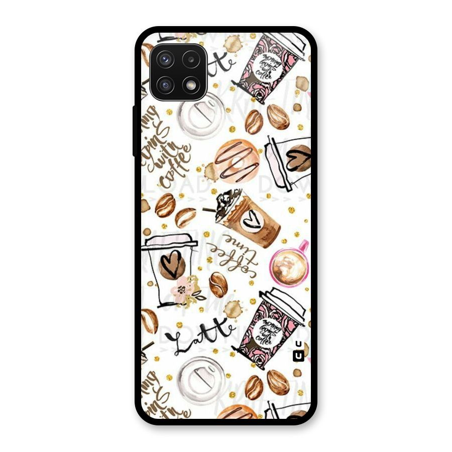 Cute Coffee Pattern Glass Back Case for Galaxy A22 5G