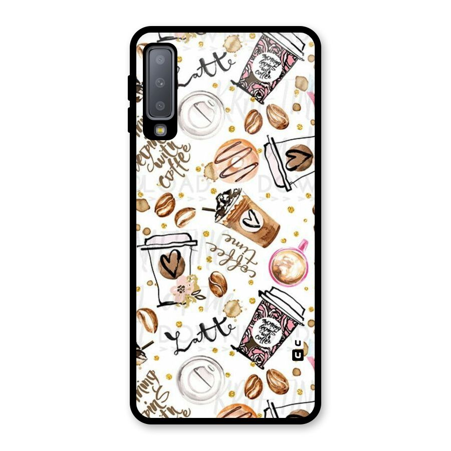 Cute Coffee Pattern Glass Back Case for Galaxy A7 (2018)