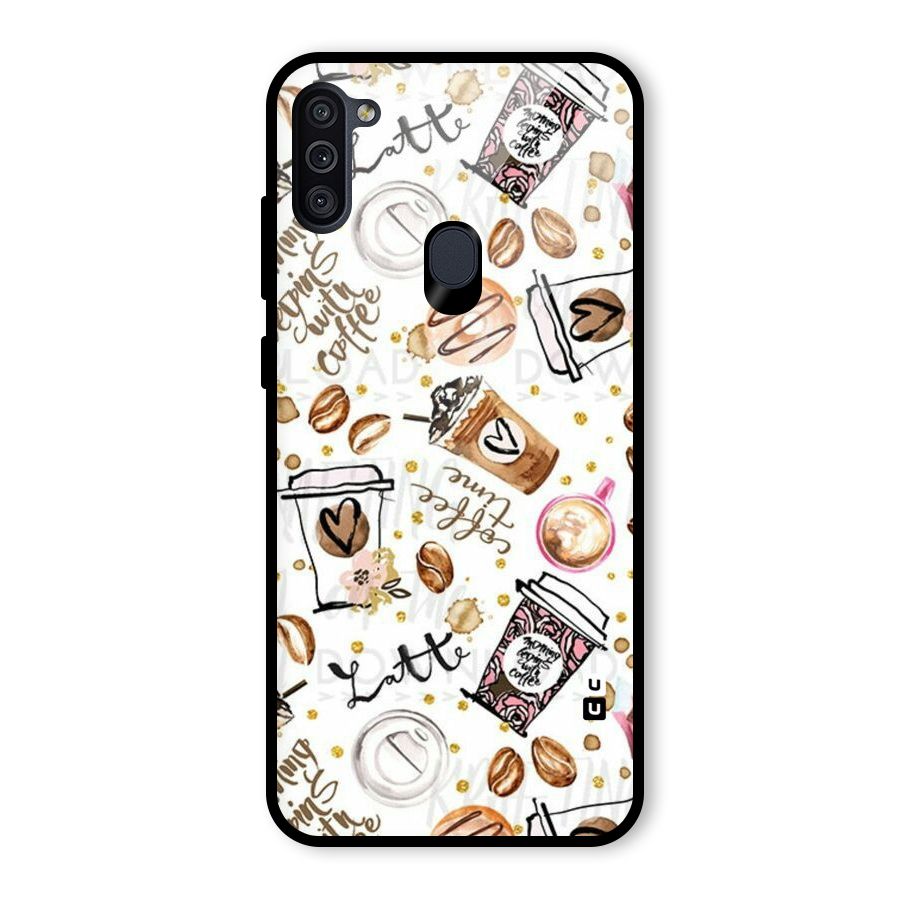 Cute Coffee Pattern Glass Back Case for Galaxy M11