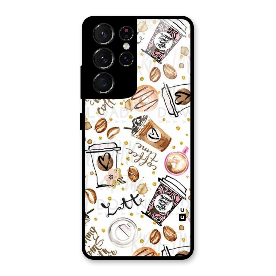 Cute Coffee Pattern Glass Back Case for Galaxy S21 Ultra 5G