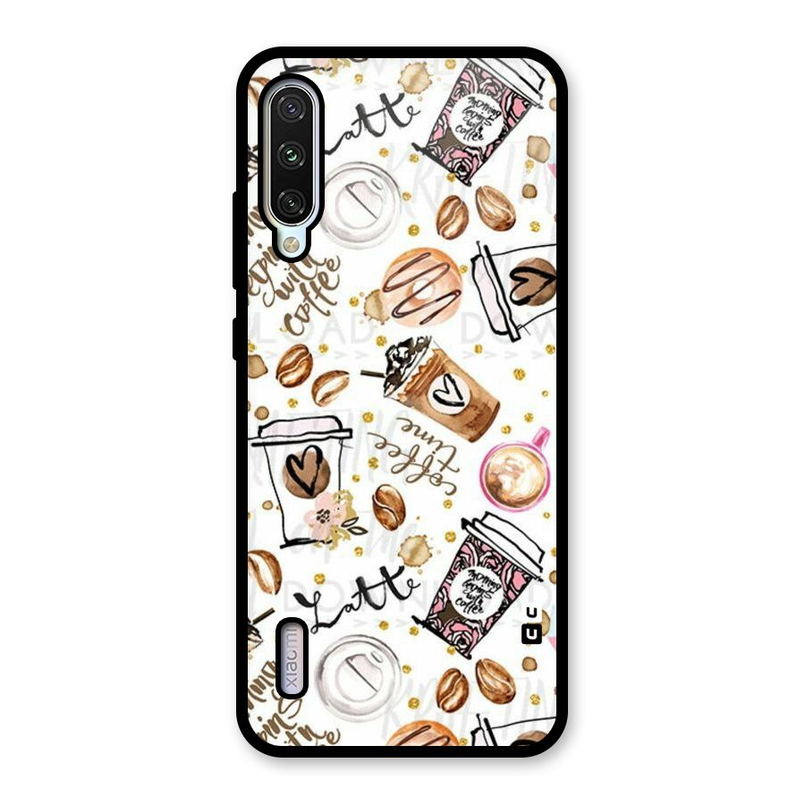 Cute Coffee Pattern Glass Back Case for Mi A3