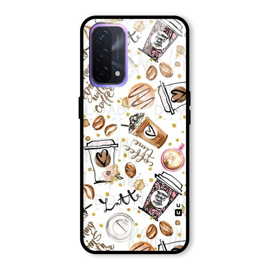 Cute Coffee Pattern Glass Back Case for Oppo A74 5G