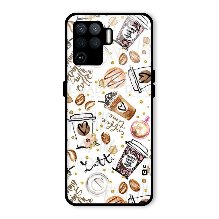 Cute Coffee Pattern Glass Back Case for Oppo F19 Pro