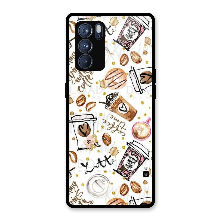 Cute Coffee Pattern Glass Back Case for Oppo Reno6 Pro 5G