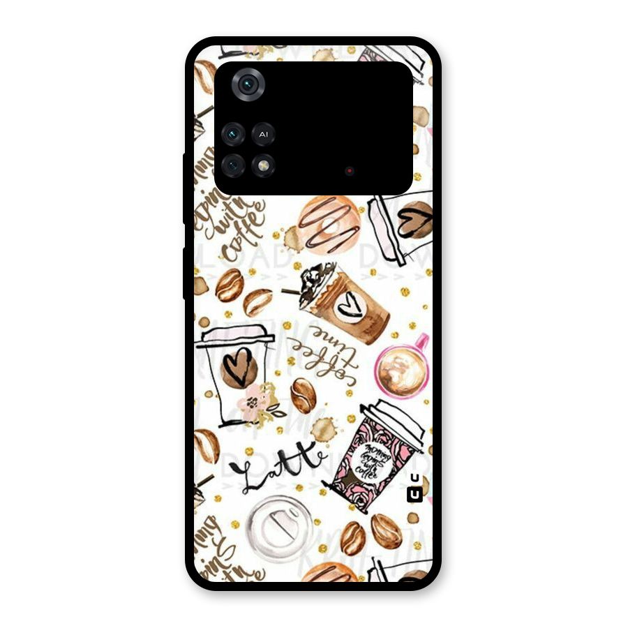 Cute Coffee Pattern Glass Back Case for Poco M4 Pro 4G