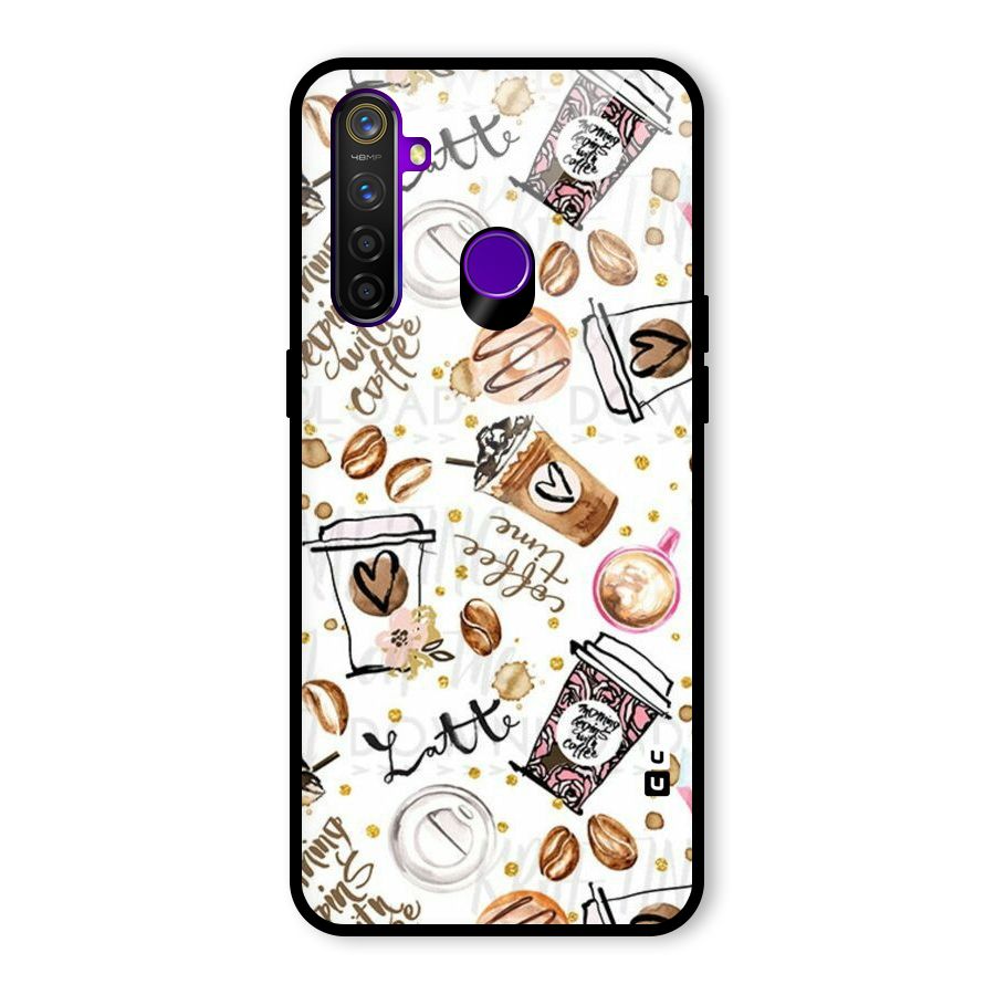 Cute Coffee Pattern Glass Back Case for Realme 5 Pro