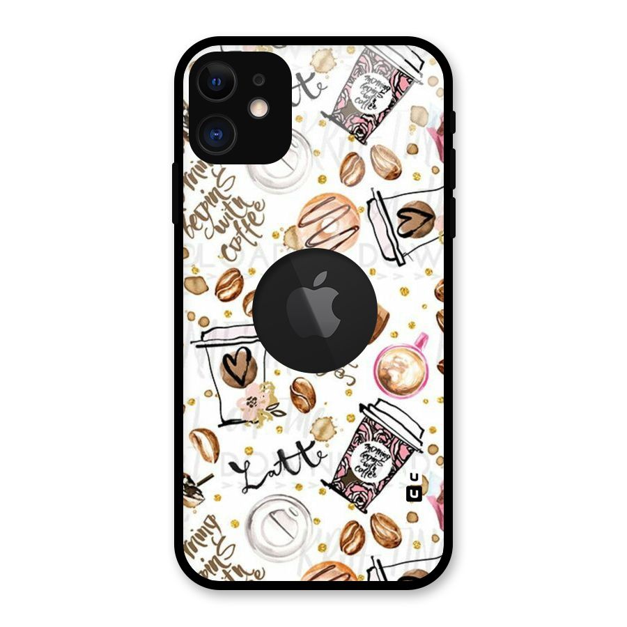 Cute Coffee Pattern Glass Back Case for iPhone 11 Logo Cut