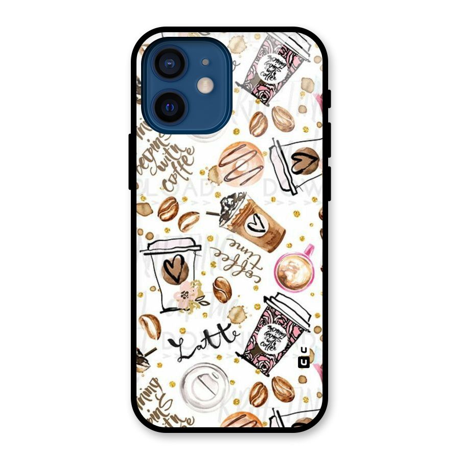 Cute Coffee Pattern Glass Back Case for iPhone 12 Mini
