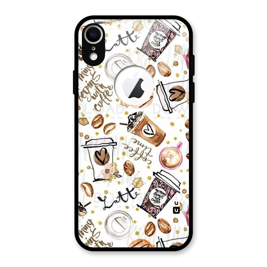 Cute Coffee Pattern Glass Back Case for iPhone XR Logo Cut