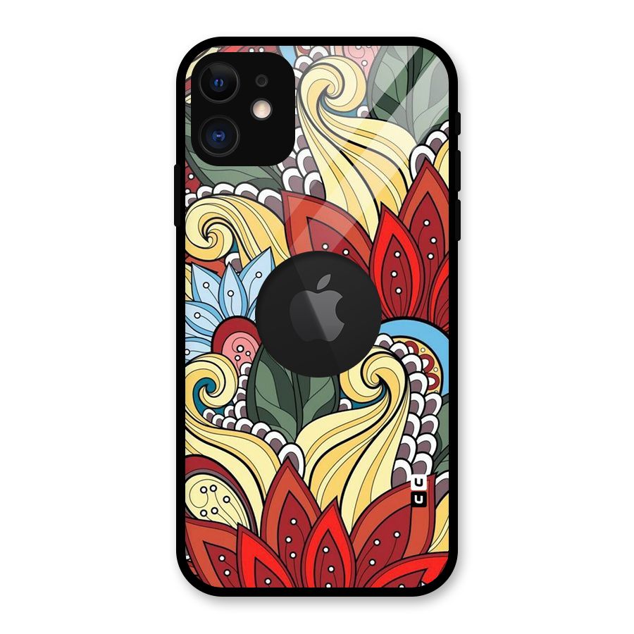 Cute Doodle Glass Back Case for iPhone 11 Logo Cut