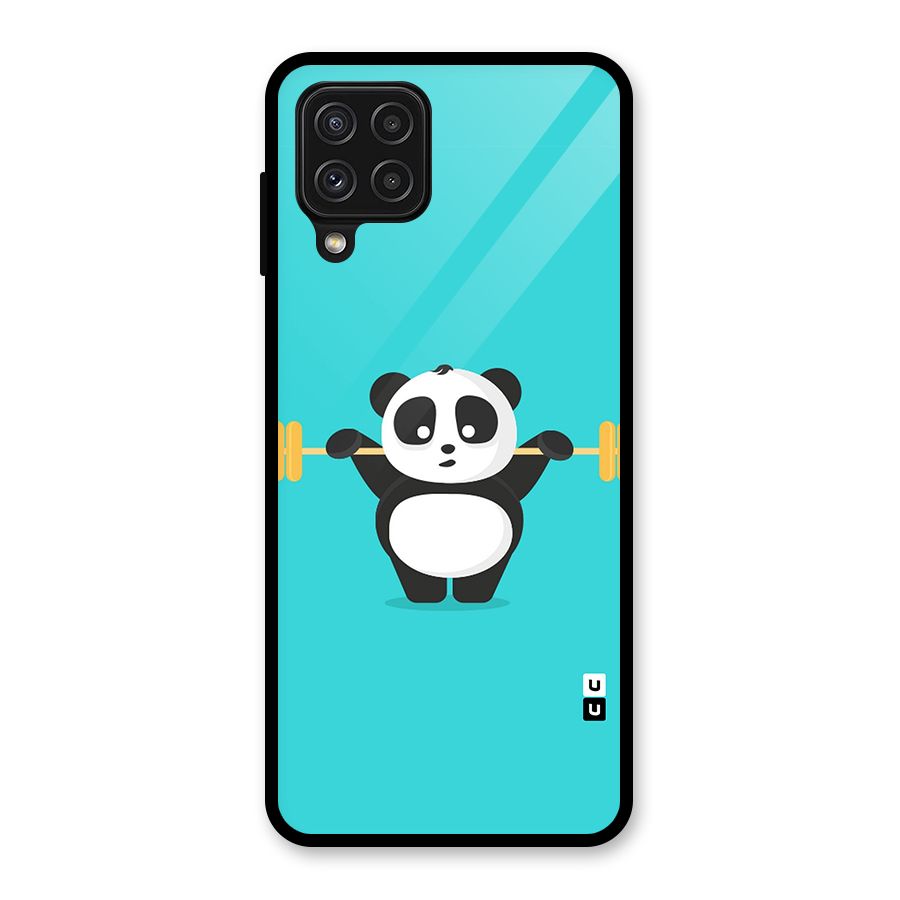 Cute Weightlifting Panda Glass Back Case for Galaxy A22 4G