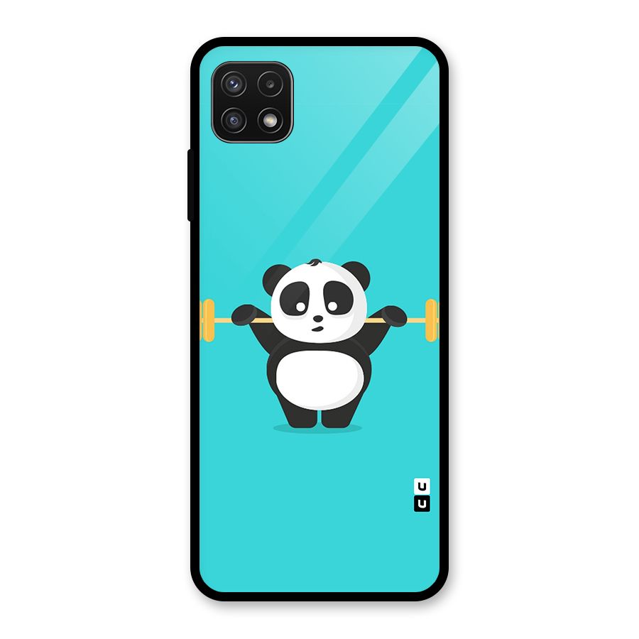 Cute Weightlifting Panda Glass Back Case for Galaxy A22 5G