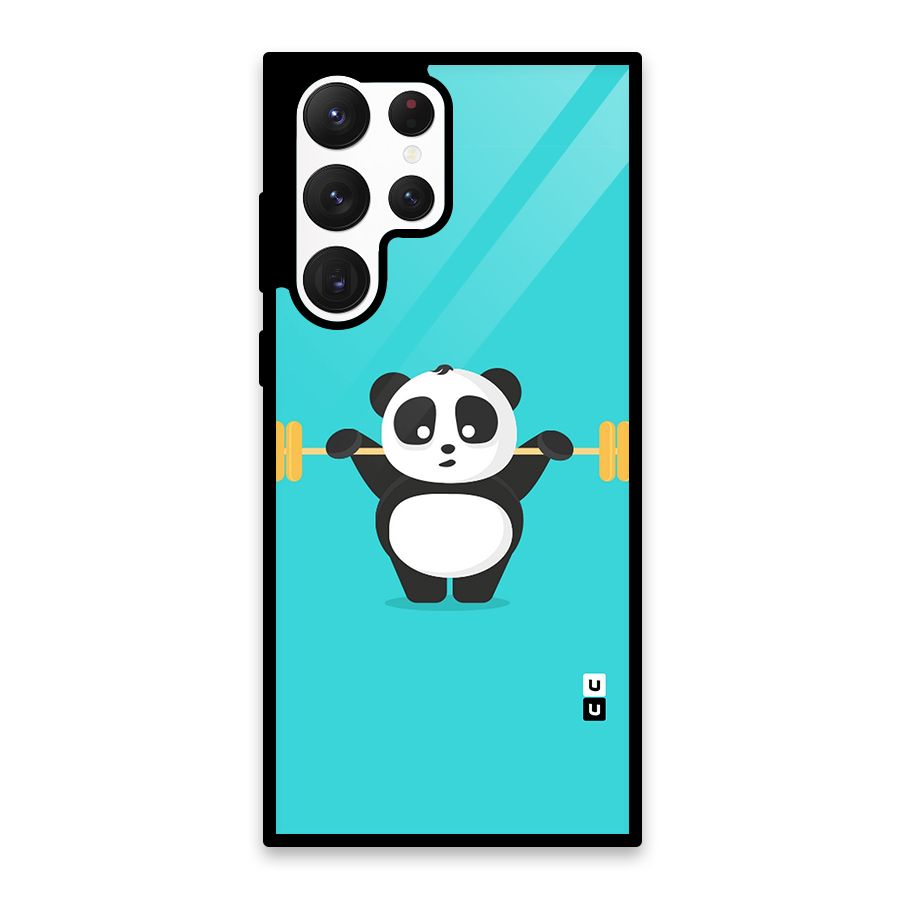 Cute Weightlifting Panda Glass Back Case for Galaxy S22 Ultra 5G