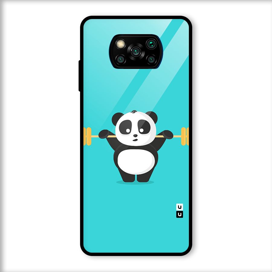 Cute Weightlifting Panda Glass Back Case for Poco X3