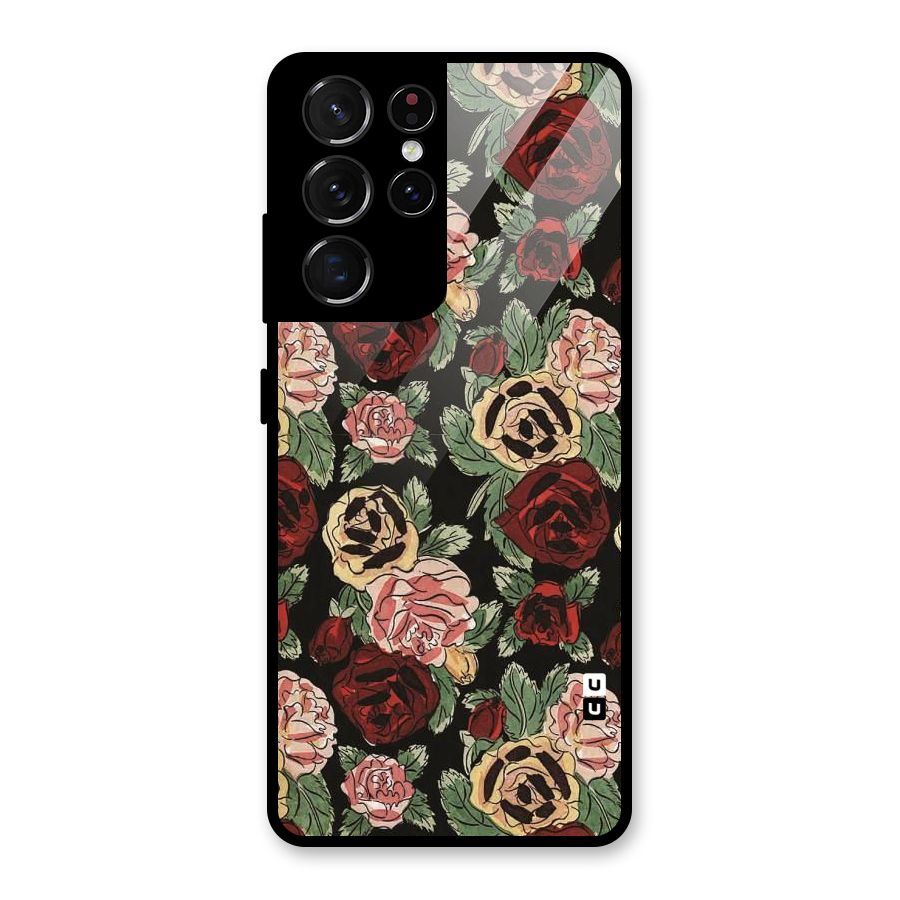 Dark Pastel Flowers Glass Back Case for Galaxy S21 Ultra 5G