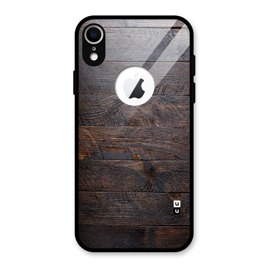 Dark Wood Printed Glass Back Case for iPhone XR Logo Cut