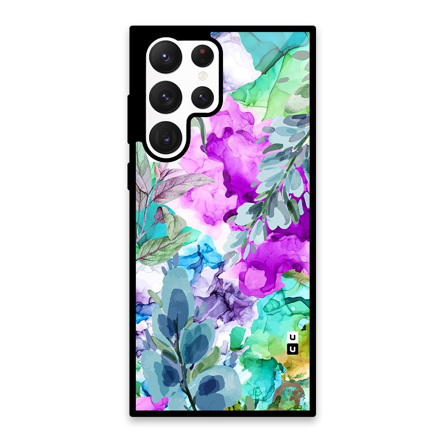 Decorative Florals Printed Glass Back Case for Galaxy S22 Ultra 5G