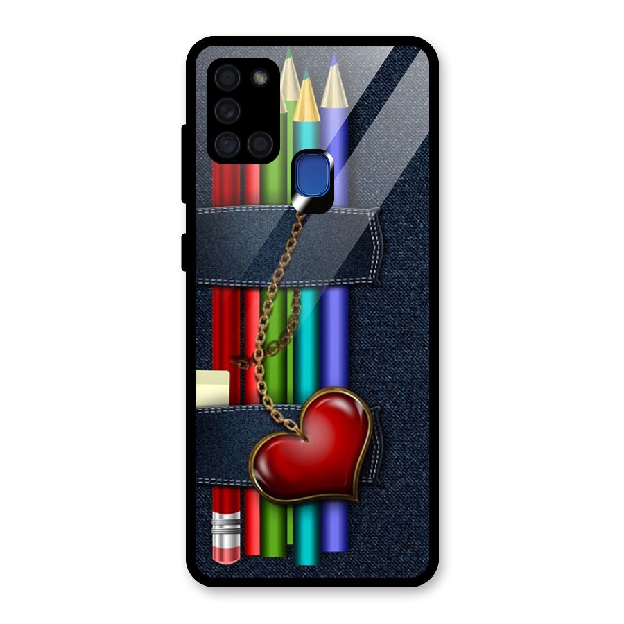 Denim Colorful Pencils Glass Back Case for Galaxy A21s