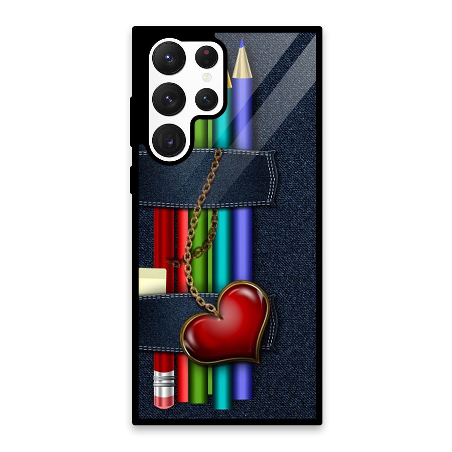 Denim Colorful Pencils Glass Back Case for Galaxy S22 Ultra 5G