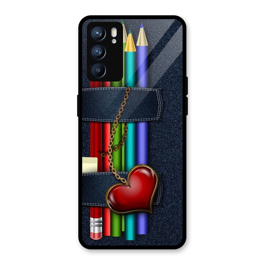 Denim Colorful Pencils Glass Back Case for Oppo Reno6 5G