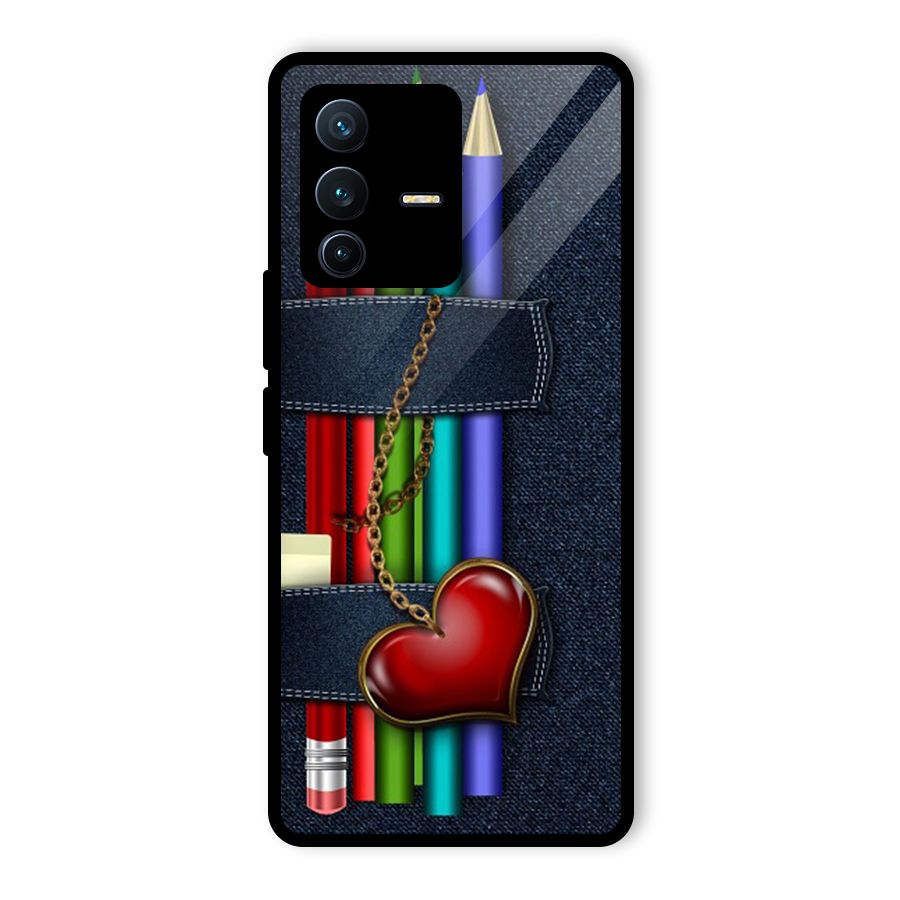 Denim Colorful Pencils Glass Back Case for Vivo V23 Pro