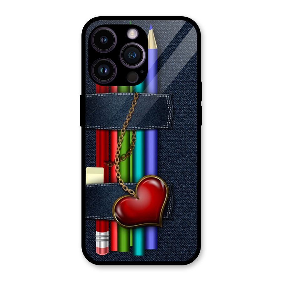 Denim Colorful Pencils Glass Back Case for iPhone 14 Pro Max