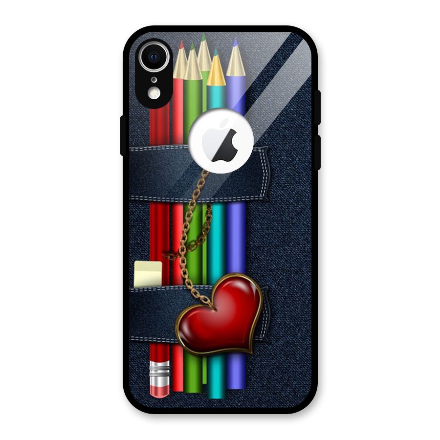 Denim Colorful Pencils Glass Back Case for iPhone XR Logo Cut