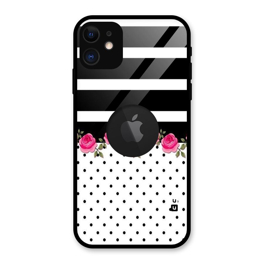 Dots Roses Stripes Glass Back Case for iPhone 11 Logo Cut