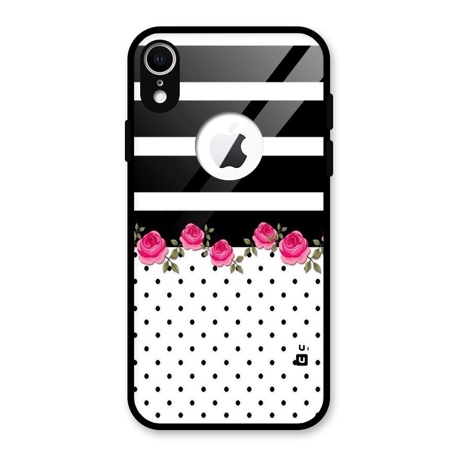 Dots Roses Stripes Glass Back Case for iPhone XR Logo Cut