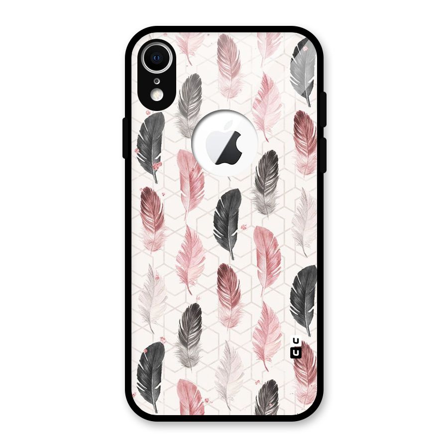 Feather Line Pattern Glass Back Case for iPhone XR Logo Cut