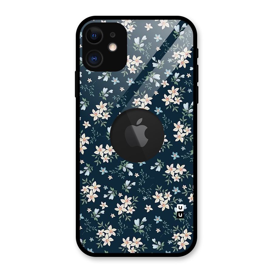 Floral Blue Bloom Glass Back Case for iPhone 11 Logo Cut