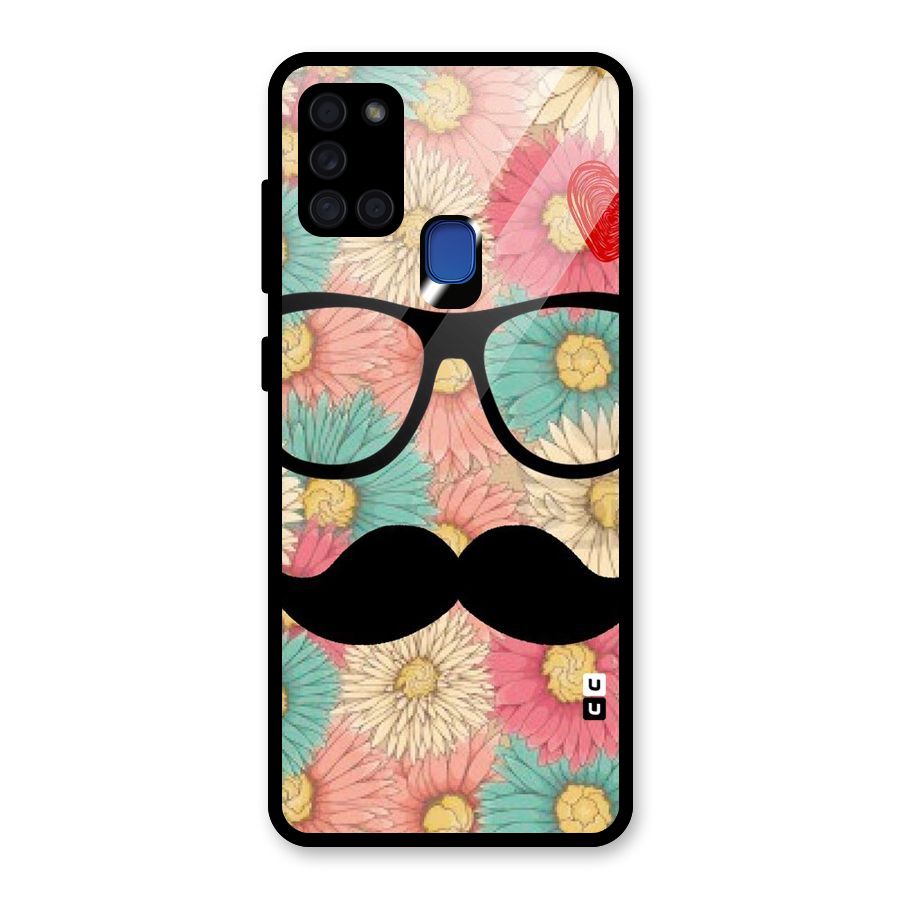 Floral Moustache Glass Back Case for Galaxy A21s
