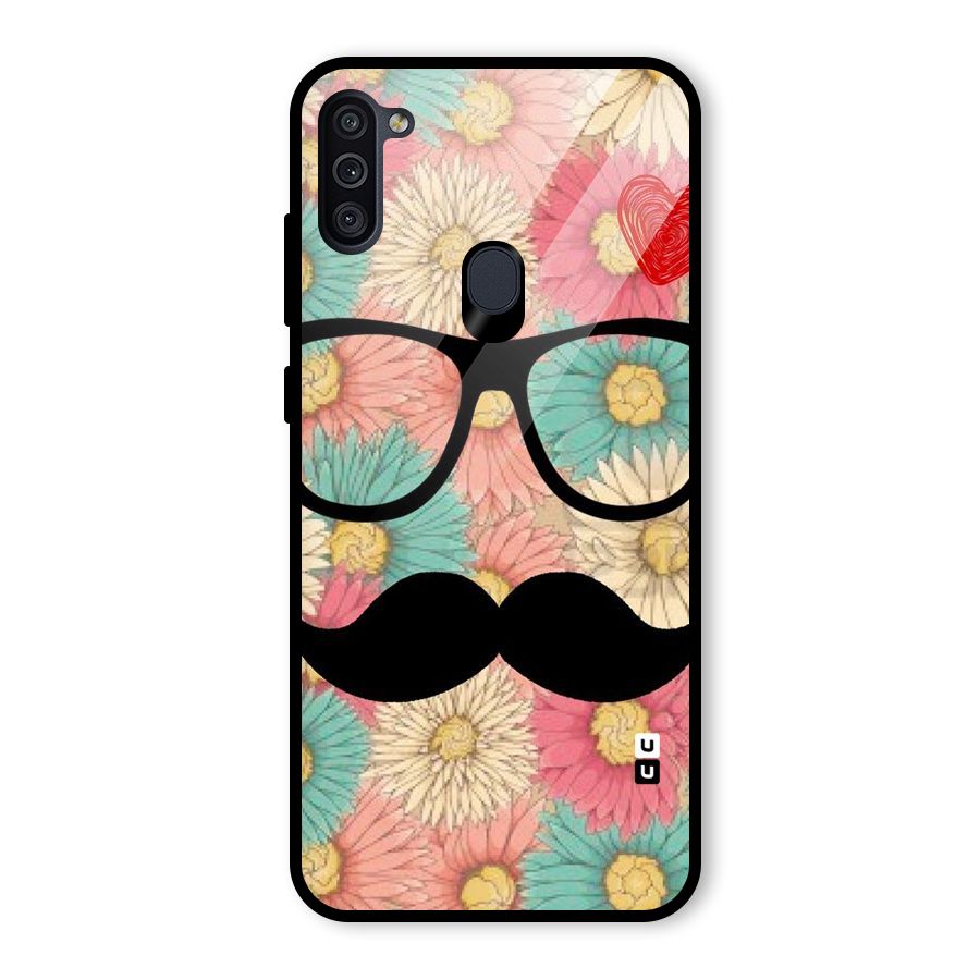 Floral Moustache Glass Back Case for Galaxy M11