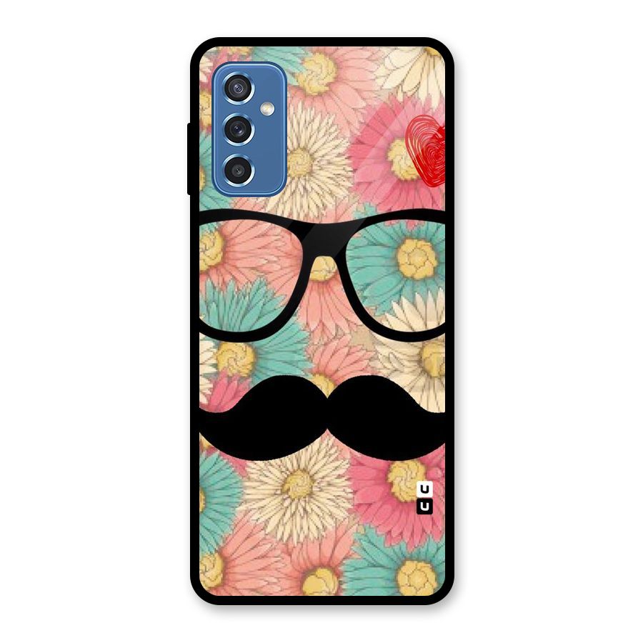 Floral Moustache Glass Back Case for Galaxy M52 5G