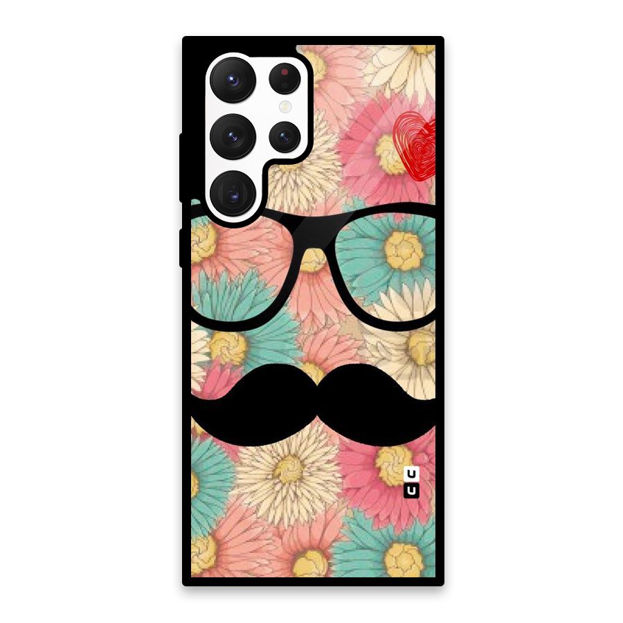 Floral Moustache Glass Back Case for Galaxy S22 Ultra 5G