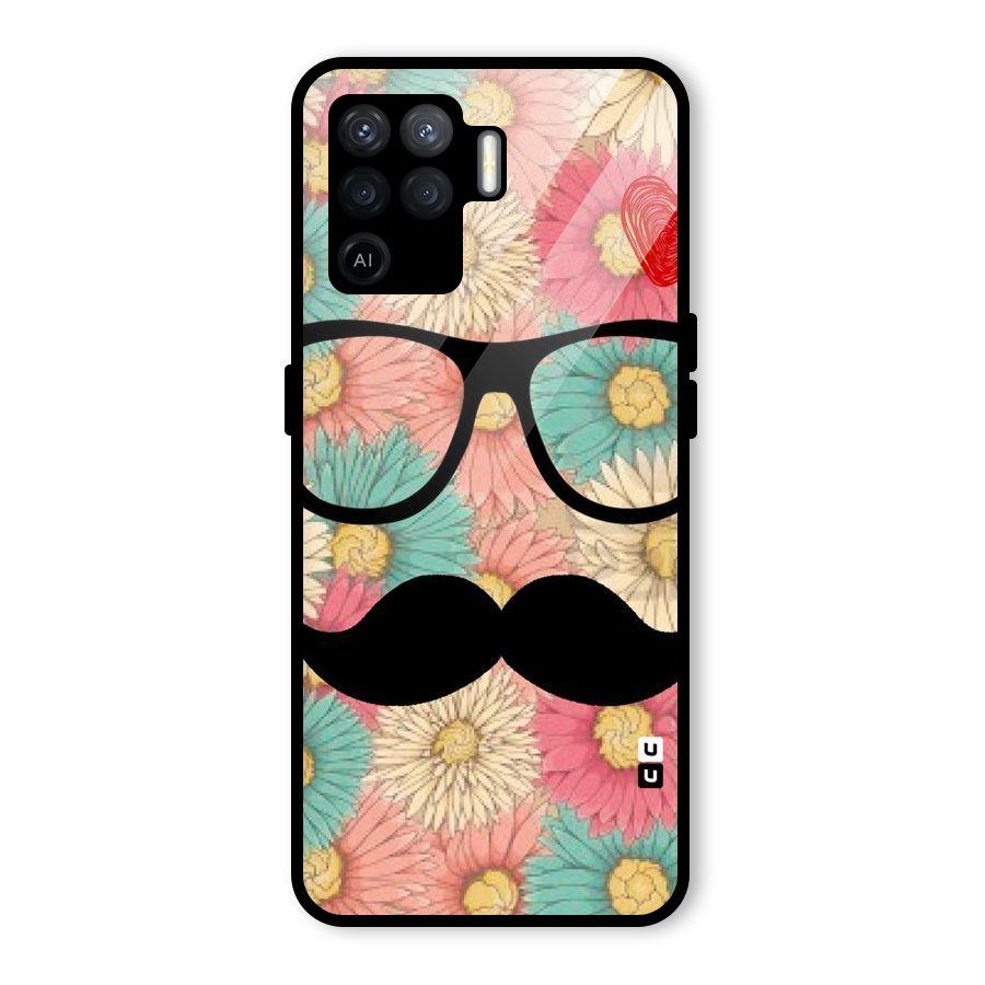 Floral Moustache Glass Back Case for Oppo F19 Pro