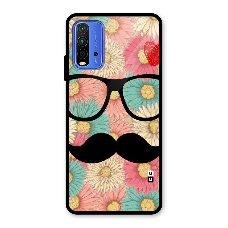 Floral Moustache Glass Back Case for Redmi 9 Power