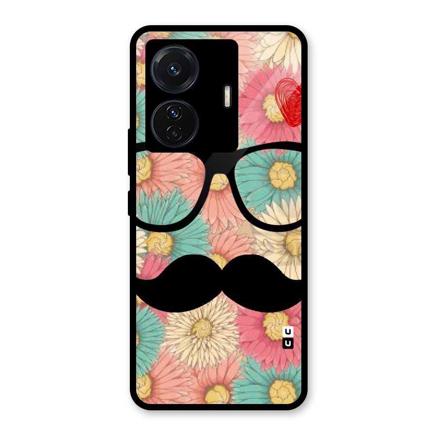 Floral Moustache Glass Back Case for Vivo T1 Pro