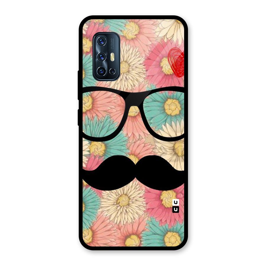 Floral Moustache Glass Back Case for Vivo V17