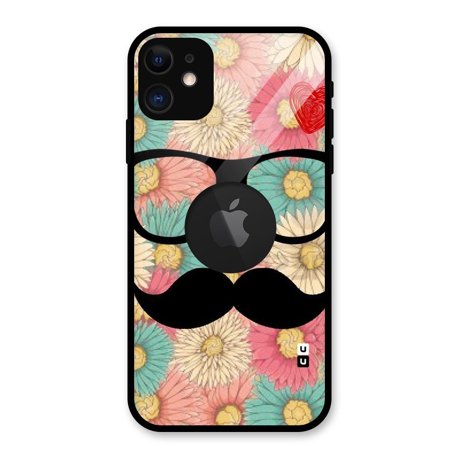 Floral Moustache Glass Back Case for iPhone 11 Logo Cut