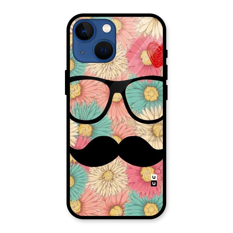 Floral Moustache Glass Back Case for iPhone 13 Mini