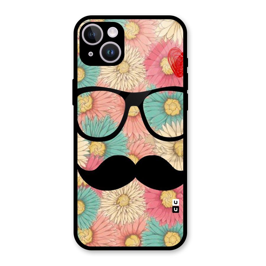 Floral Moustache Glass Back Case for iPhone 14 Plus