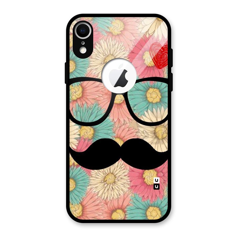 Floral Moustache Glass Back Case for iPhone XR Logo Cut