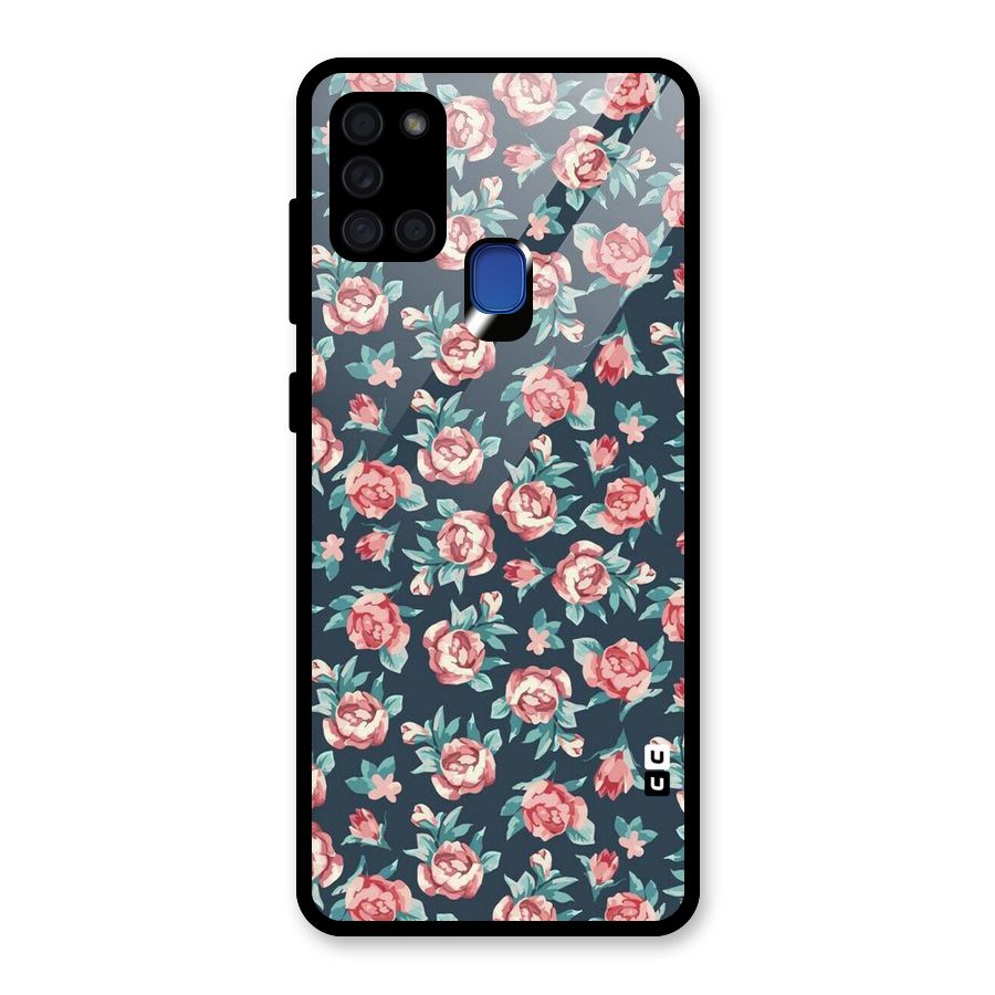 Floral Navy Bloom Glass Back Case for Galaxy A21s