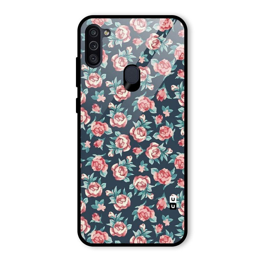 Floral Navy Bloom Glass Back Case for Galaxy M11