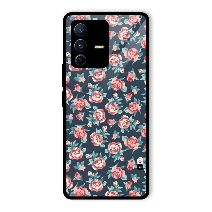 Floral Navy Bloom Glass Back Case for Vivo V23 Pro
