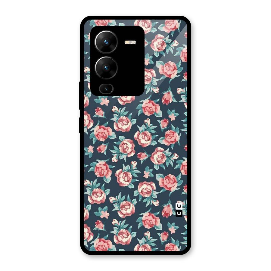 Floral Navy Bloom Glass Back Case for Vivo V25 Pro