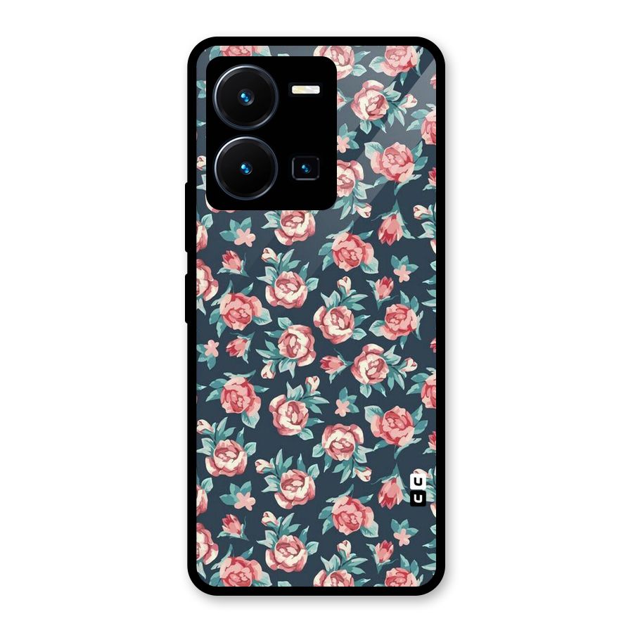 Floral Navy Bloom Glass Back Case for Vivo Y35
